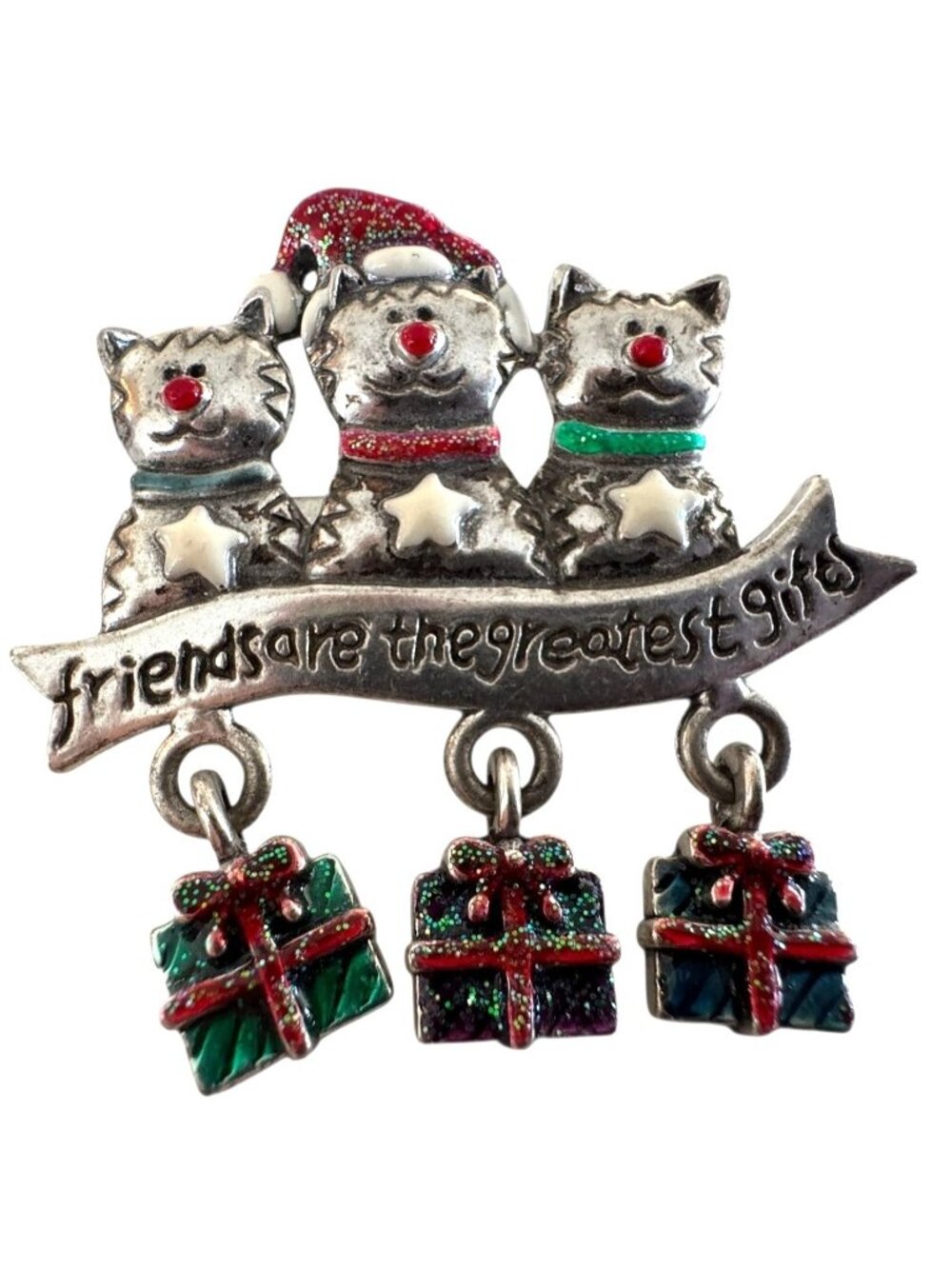 Vintage AJMC Cat Brooch Christmas Friends Are The Greatest Gifts Banner Presents